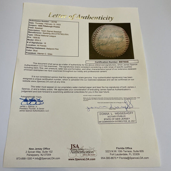 Roberto Clemente George Sisler 1959 Pittsburgh Pirates Team Signed Baseball JSA