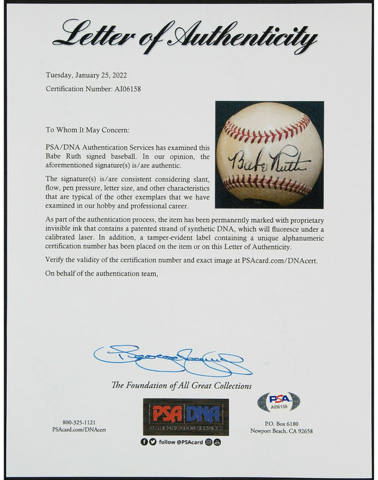 Magnificent Babe Ruth Single Signed 1948 American League Baseball PSA DNA COA