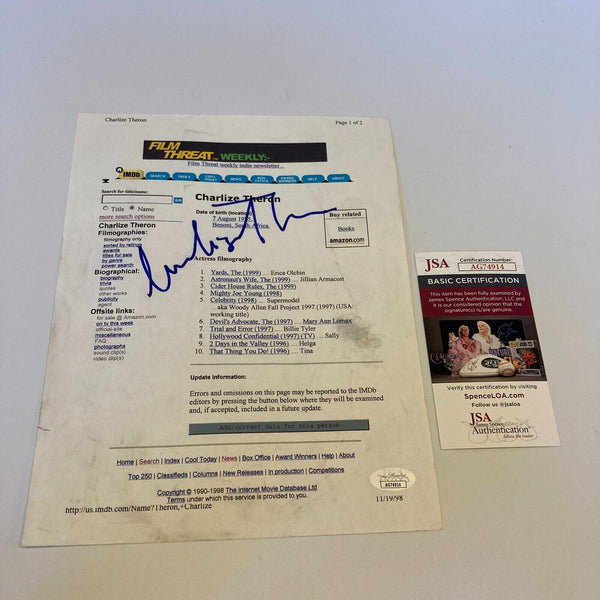 Charlize Theron Signed Vintage IMDB Biography Sheet With JSA COA