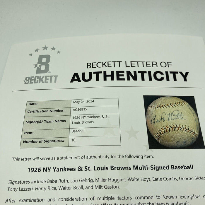 Babe Ruth Lou Gehrig Miller Huggins 1926 New York Yankees Team Signed Baseball