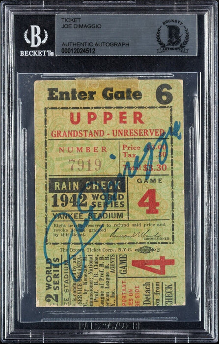 Joe Dimaggio Signed 1942 World Series Ticket BGS Beckett New York Yankees