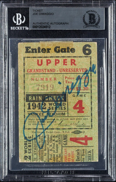 Joe Dimaggio Signed 1942 World Series Ticket BGS Beckett New York Yankees