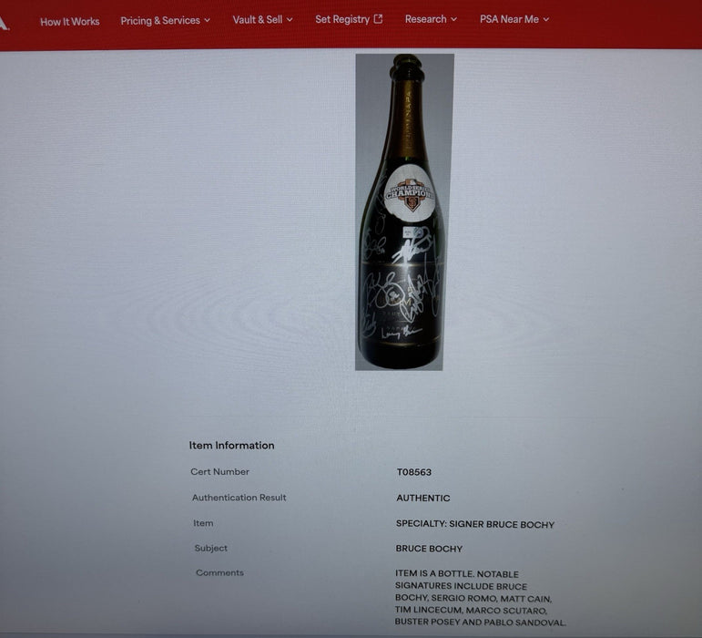 2012 San Francisco Giants W.S. Champs Team Signed Champagne Bottle PSA & MLB