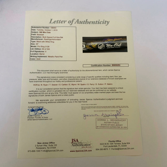 300 Win Club Signed Commemorative Bat Nolan Ryan Tom Seaver 8 Sigs With JSA COA