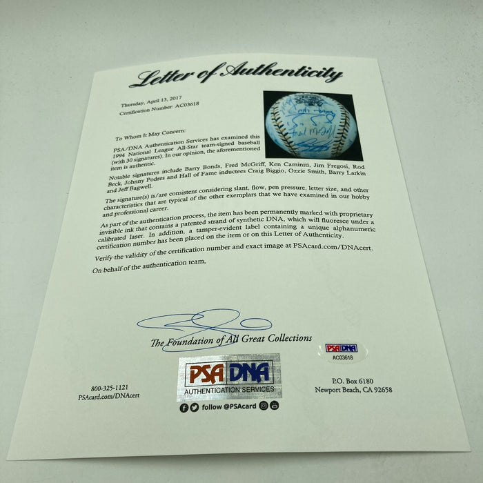 1994 All Star Game National League Team Signed Baseball Barry Bonds PSA DNA COA