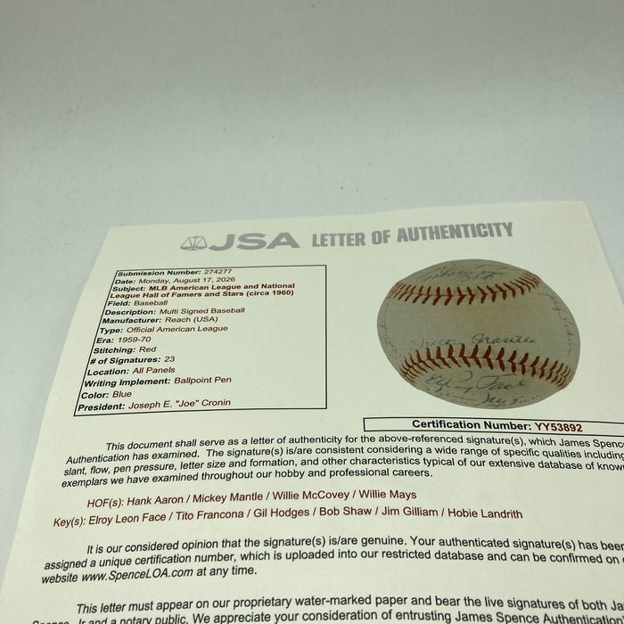 Mickey Mantle Willie Mays Hank Aaron 1960's HOF Multi Signed Baseball JSA COA