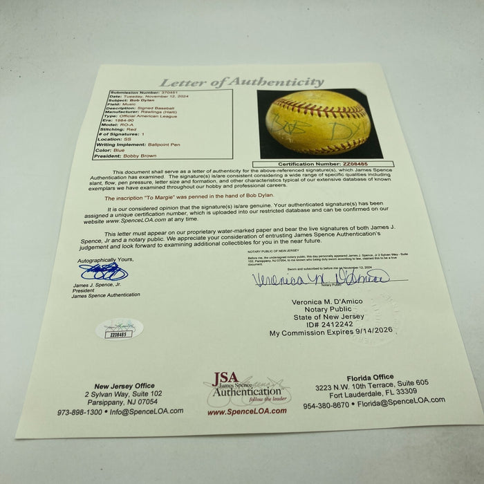 Bob Dylan Single Signed American League Baseball JSA COA RARE