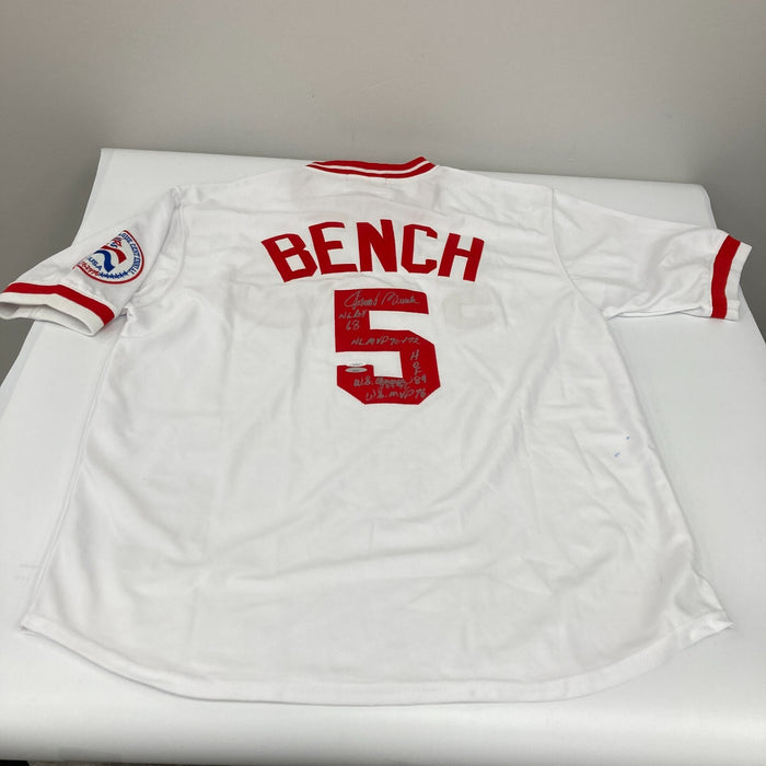 Johnny Bench Signed Inscribed Cincinnati Reds STAT Mitchell & Ness Jersey JSA