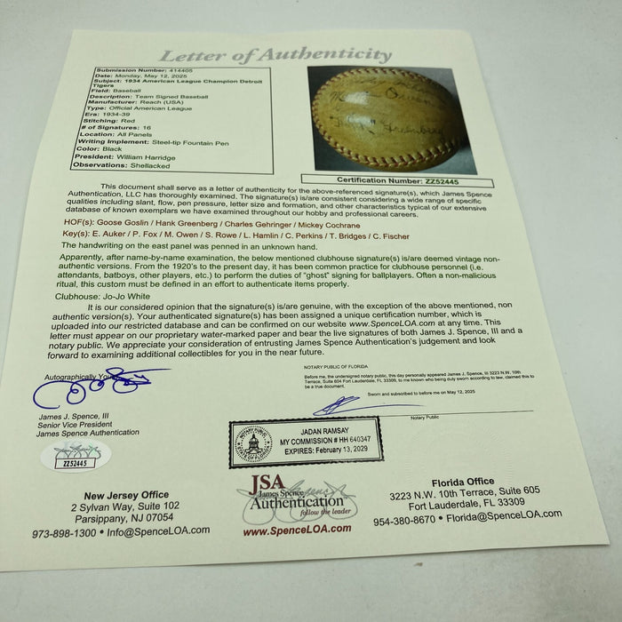 1934 Detroit Tigers AL Champs Team Signed Baseball Hank Greenberg JSA COA