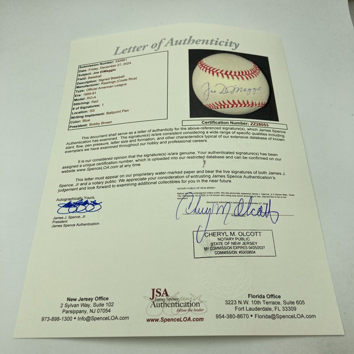 Mint Joe Dimaggio Signed Official American League Baseball JSA COA