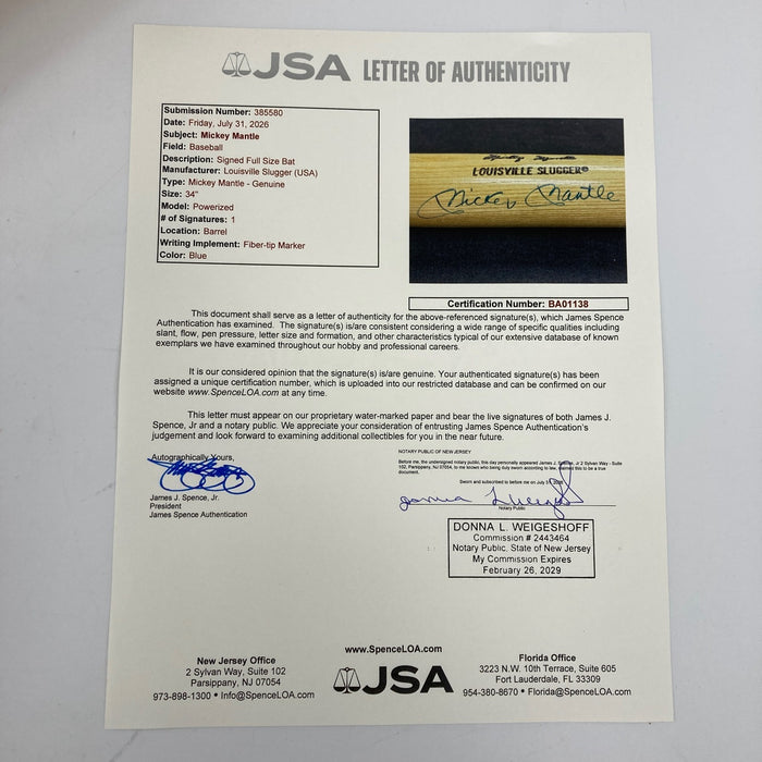 Mickey Mantle Signed Louisville Slugger Game Model Baseball Bat JSA COA