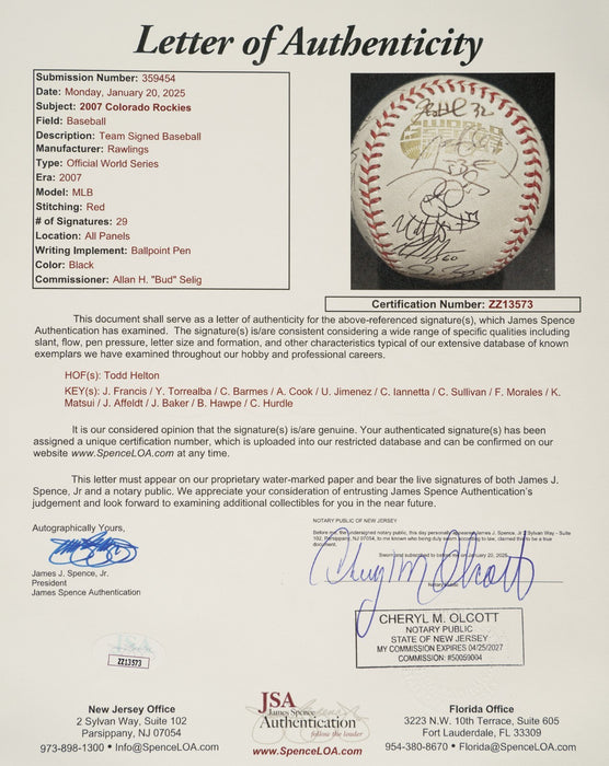 2007 Colorado Rockies NL Champs Team Signed World Series Baseball JSA COA