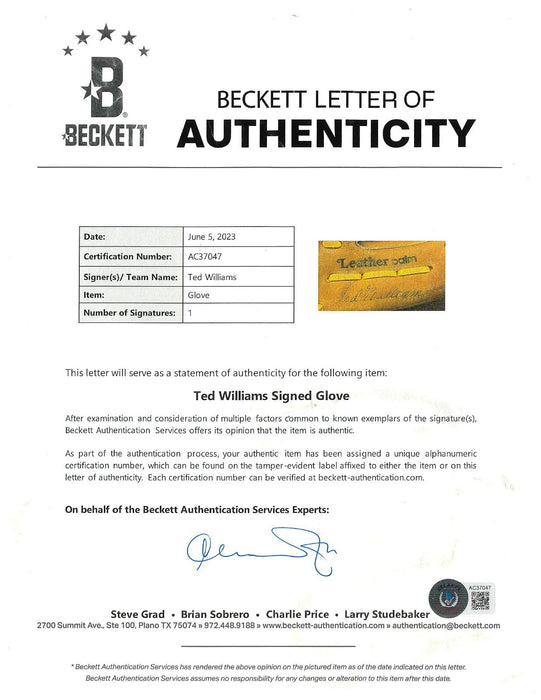 Ted Williams Signed Personal Model Baseball Glove Beckett COA