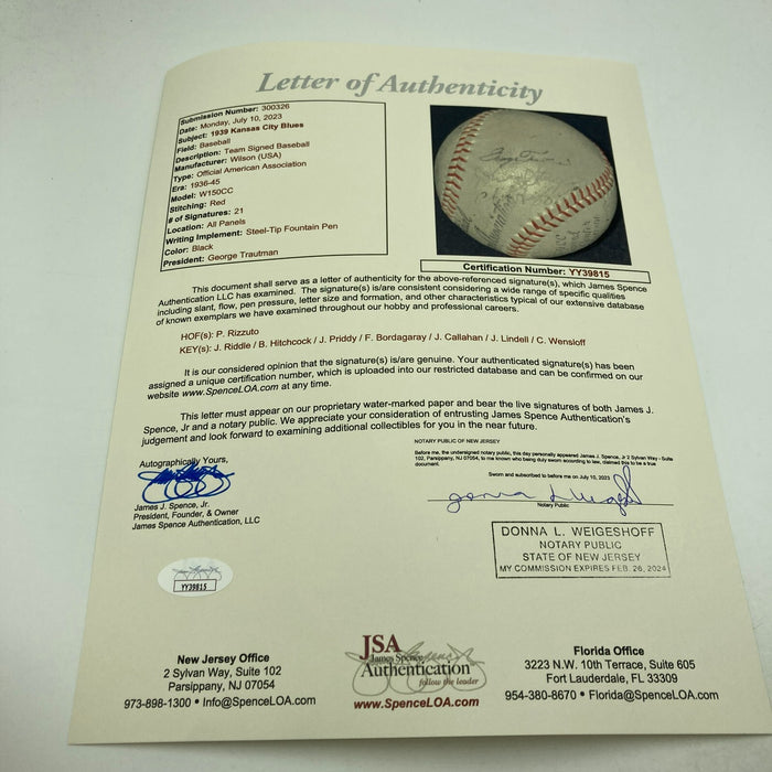 Phil Rizzuto 1940 Kansas City Blues Rookie Minor League Team Signed Baseball JSA