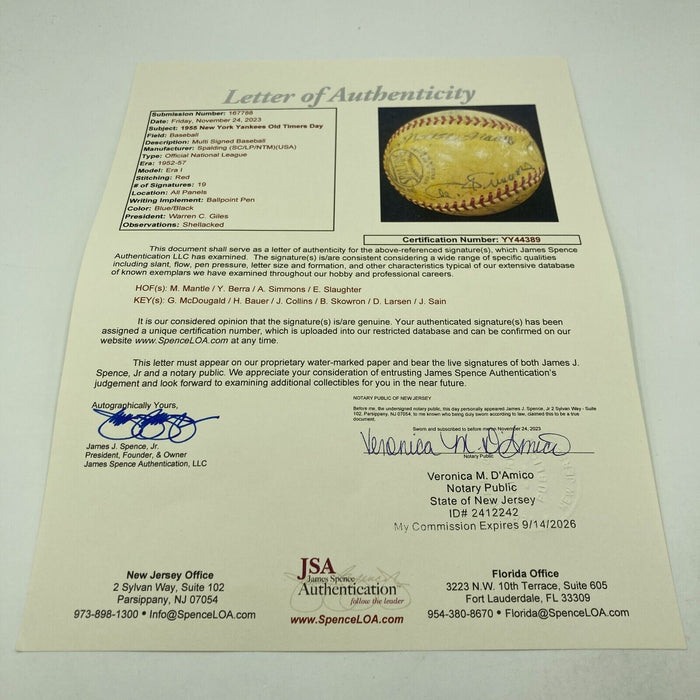 1955 Yankees Old Timers Day Signed Baseball Mickey Mantle Al Simmons JSA COA