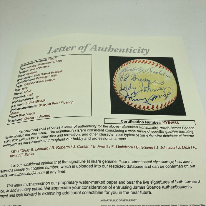 1970's HOF Multi Signed Baseball Freddie Lindstrom Ernie Banks Earl Averill JSA