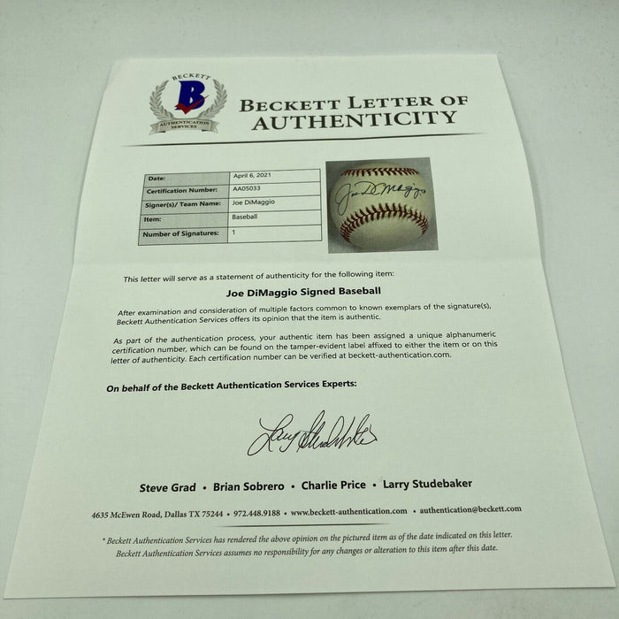 Nice Joe Dimaggio Signed Official American League Baseball With Beckett COA