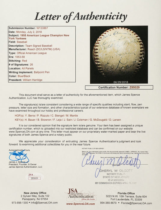 1955 New York Yankees American League Champs Team Signed Baseball JSA