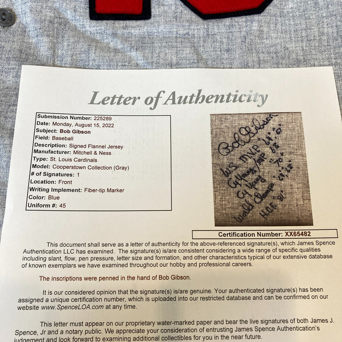 MINT Bob Gibson Signed Heavily Inscribed St. Louis Cardinals STAT Jersey JSA COA