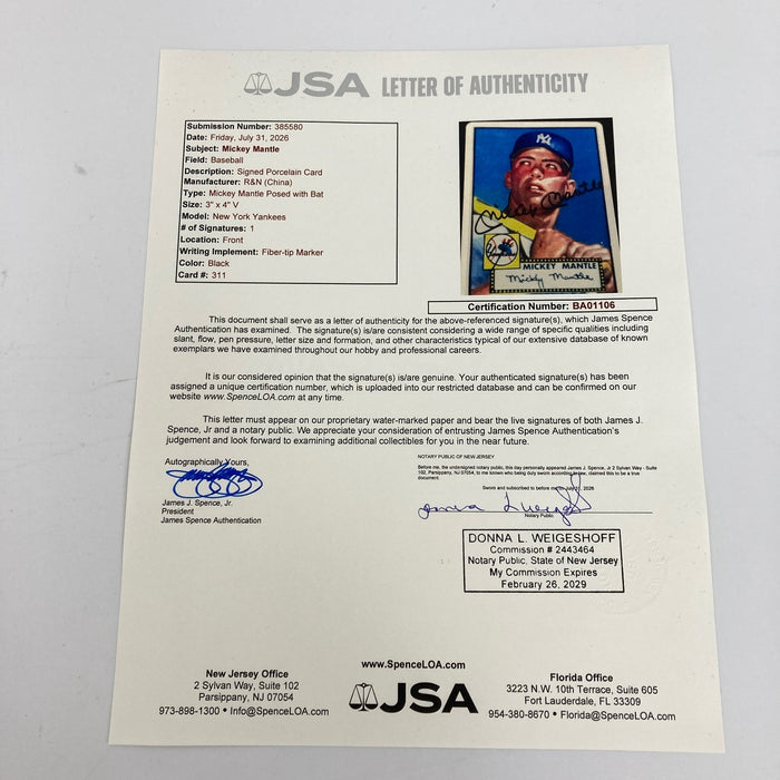 1952 Topps Mickey Mantle Signed Porcelain Baseball Card RC JSA COA Auto