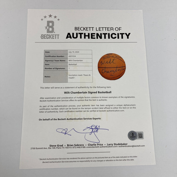 Wilt Chamberlain  "Peace & Health" Signed Vintage Rawlings Basketball PSA & BAS