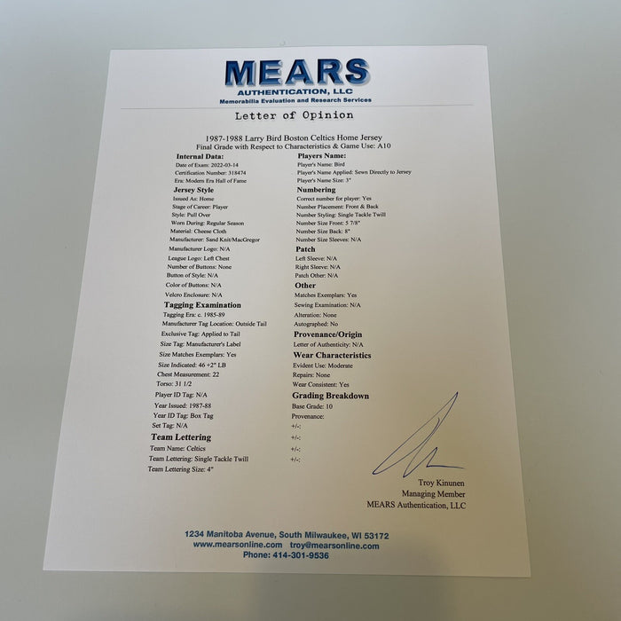 The Finest 1987-88 Larry Bird Game Used Boston Celtics Home Jersey MEARS A10