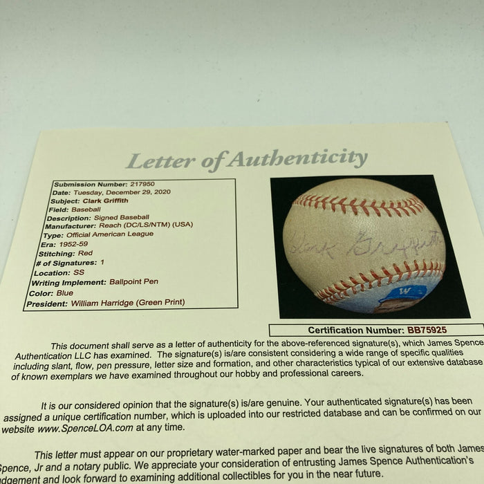 Clark Griffith Single Signed 1950's American League Baseball With JSA COA HOF