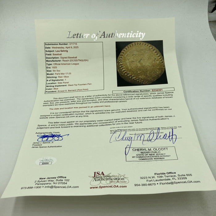 Lou Gehrig Single Signed 1925 Official American League Baseball JSA COA