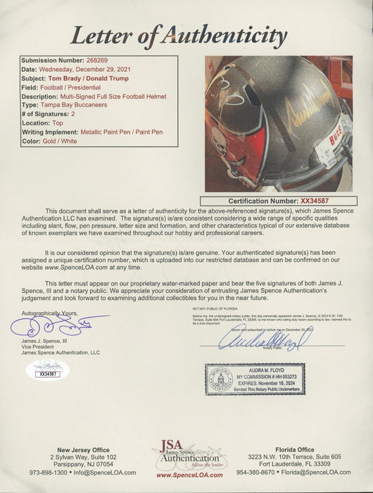 President Donald Trump & Tom Brady Signed Riddell Buccaneers NFL Helmet JSA COA