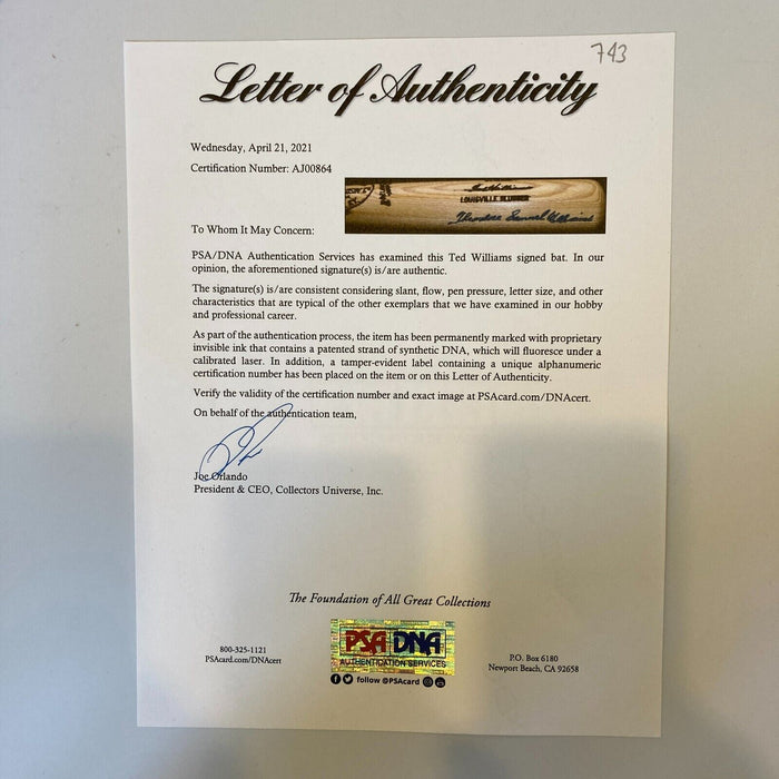 Ted "Theodore Samuel" Williams Full Name Signed Game Model Baseball Bat PSA DNA