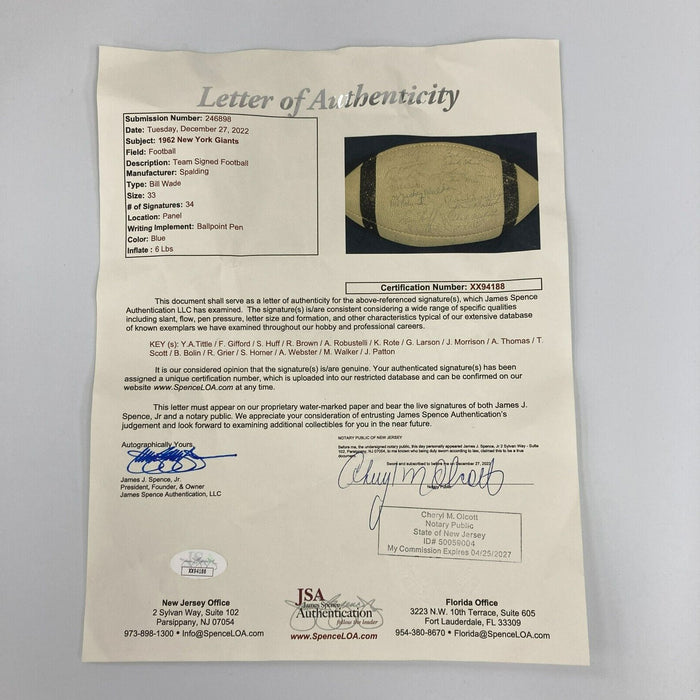 1962 New York Giants Champs Team Signed Spalding Football 34 Sigs JSA COA