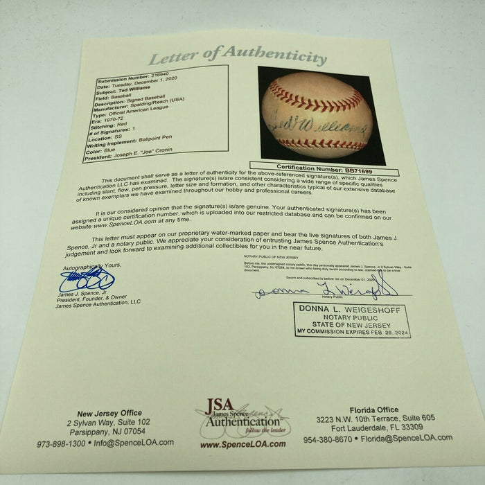 Ted Williams Signed Vintage Official American League Joe Cronin Baseball JSA COA