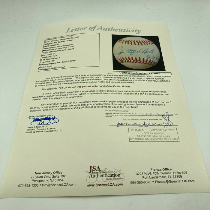Jim Catfish Hunter "1974 Cy Young" Signed Inscribed American League Baseball JSA