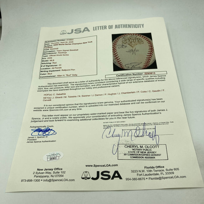 2009 New York Yankees World Series Champs Team Signed W.S. Baseball JSA COA