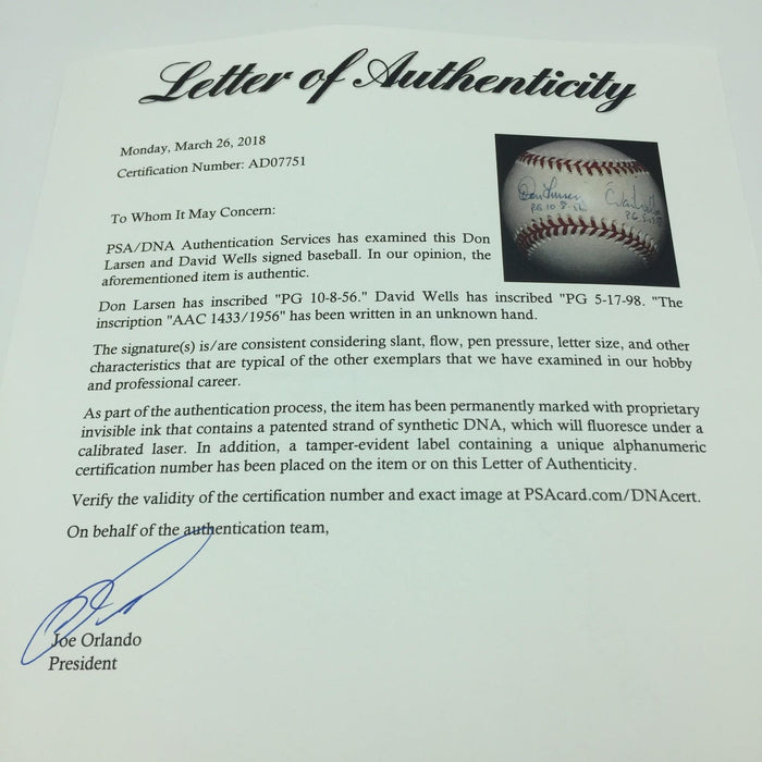 Don Larsen & David Wells Signed Heavily Inscribed Perfect Game Baseball PSA DNA