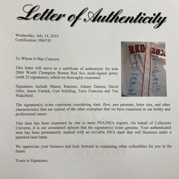 2004 Boston Red Sox World Series Camps Team Signed Majestic Jersey PSA DNA COA