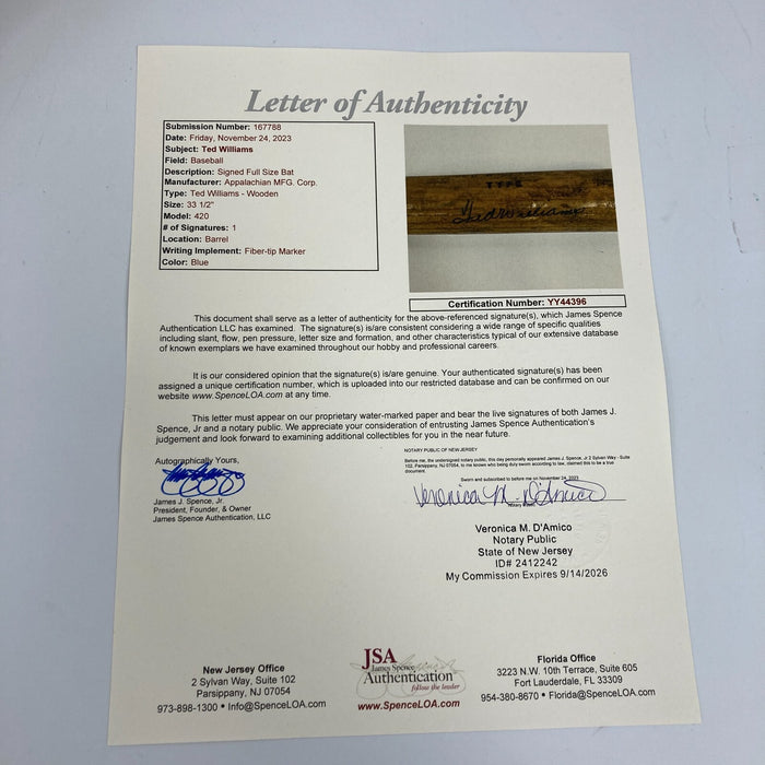 Ted Williams Signed 1950's Appalachian Game Model Baseball Bat JSA COA