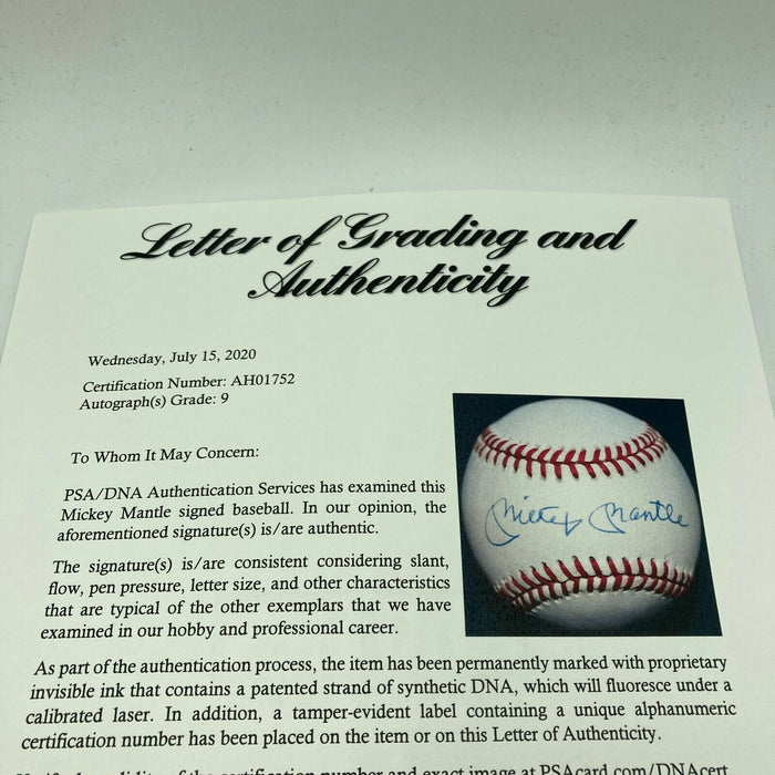 Beautiful Mickey Mantle Signed American League Baseball PSA DNA Graded MINT 9