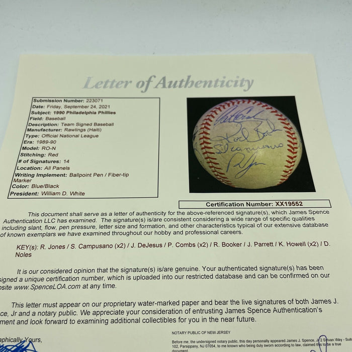 1990 Philadelphia Phillies Team Signed National League Baseball With JSA COA