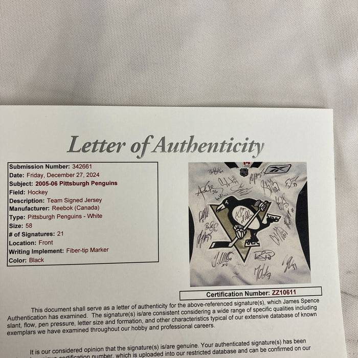 Sidney Crosby Rookie 2005-06 Pittsburgh Penguins Team Signed Game Jersey JSA COA