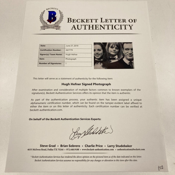 Hugh Hefner Signed Autographed 8x10 Playboy Photo Beckett COA