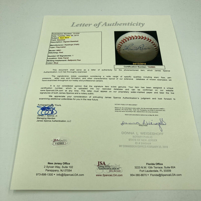 Sam Rice Single Signed Autographed Baseball With PSA DNA & JSA COA RARE HOF