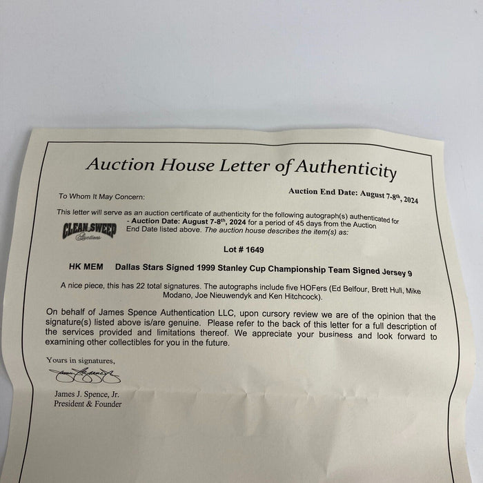 1999 Dallas Stars NHL Stanley Cup Champs Team Signed Jersey With JSA COA