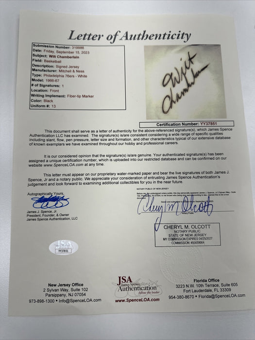 Wilt Chamberlain Signed Authentic 1966-67 Philadelphia Warriors Jersey JSA COA