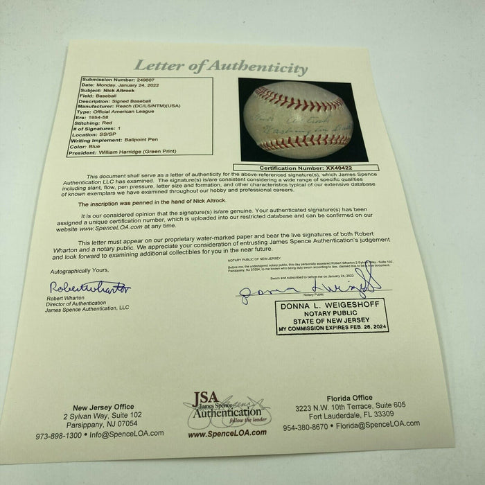 Rare Nick Altrock Single Signed 1950's American League Baseball JSA COA