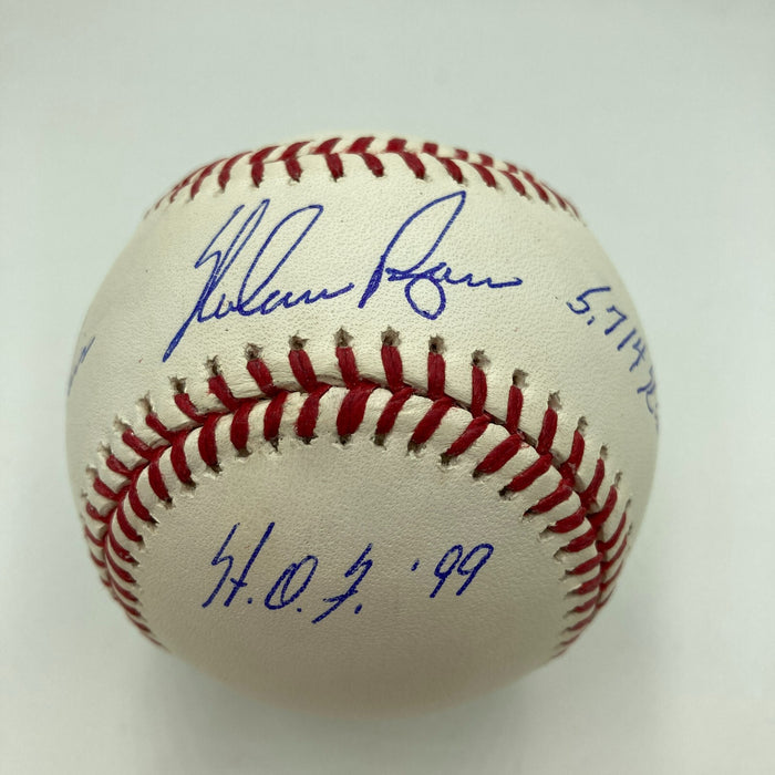 Beautiful Nolan Ryan Signed Heavily Inscribed Career STAT Baseball JSA COA