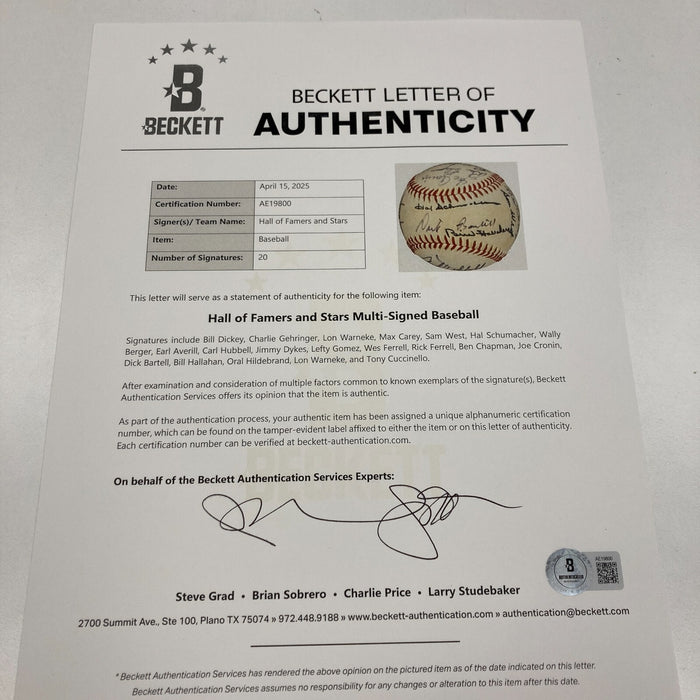 1934 All Star Game Team Signed American League Baseball Beckett COA
