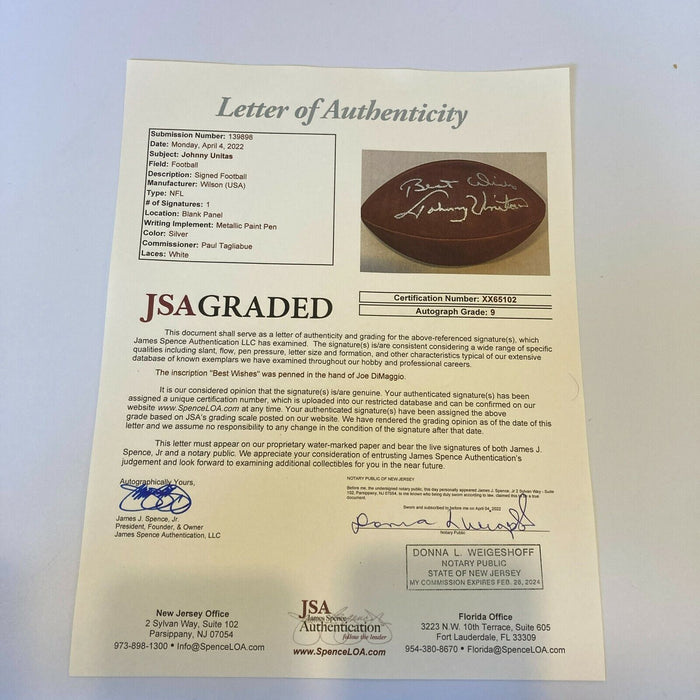 Stunning Johnny Unitas Signed Wilson NFL Football JSA Graded MINT 9