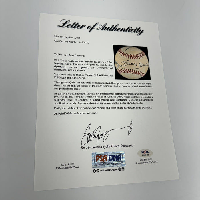 Mickey Mantle Joe Dimaggio Ted Williams Hank Aaron Signed Baseball PSA DNA COA
