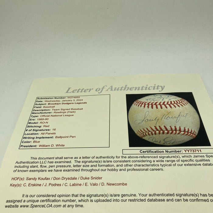 1957 Brooklyn Dodgers Final Season Team Signed Baseball Sandy Koufax JSA COA